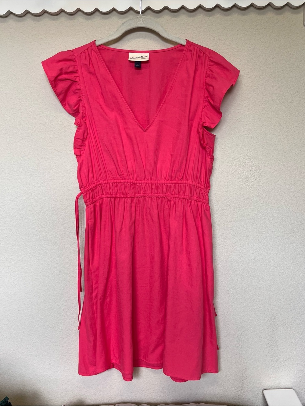 V-Neck and Ruffle Cap Sleeves Dress- Bright Pink